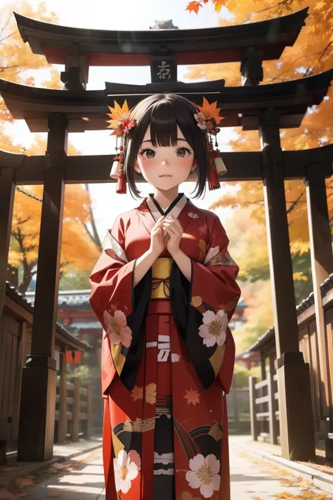 kimono　girl with　shrines　Worship　autumnal