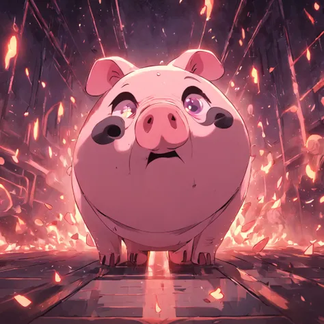 A cartoon pig，，blender，irate，Exaggerated expressions，Background vehicle interior，deep dark background