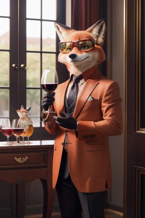 tmasterpiece，highest  quality，4K,A high resolution，1fox，No Man，Fox in fashionable clothes，Holding a glass of red wine in his hand，Pedras preciosas， Protective goggles， gold， jewely，Palatial room