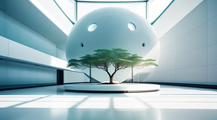 Futuristic minimalist white science fiction library，There is a large glass podium in the center of the stage，There is a soul tree on each side，On the wall in the distance is a giant AI brain, first person perspective，wide wide shot，in a panoramic view，35mm...