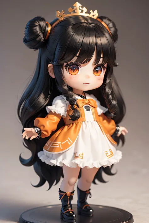 A black long-haired doll wearing a Hermes orange dress and white shirt，Full body photo, good smile company anime style, small curvaceous loli, cute character, cute kawaii girls, style as nendoroid, Cute anime, nendroid, Anime figure, Nendoroid 3D, adorable...