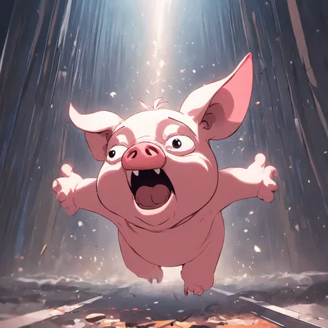 A cartoon pig，3D style，blender，alarmed，dreads，Fall to the ground，Very wide open mouth，Background doorway