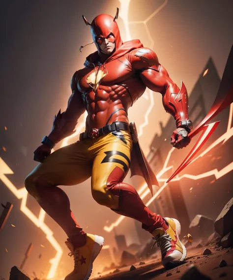 male superhero in red full body uniform, yellow sneakers, red hood with two antennae sticking out of it, yellow heart symbol on chest, holding red and yellow warhammer.