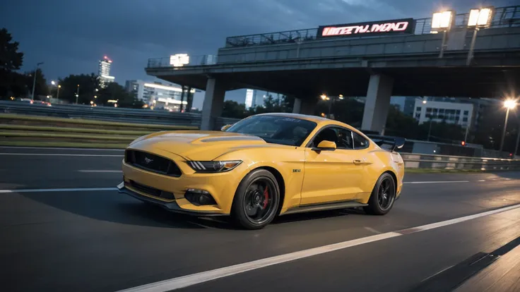 "Generate a photorealistic masterpiece of an ultra-detailed car in vibrant evening night lighting, with a high-quality 8k UHD image showcasing a Ford Mustang car performing a dynamic drift during an intense race on a race track."