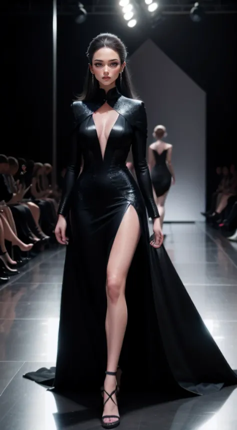 Woman on the catwalk，woman model，Fashion show，Black gown