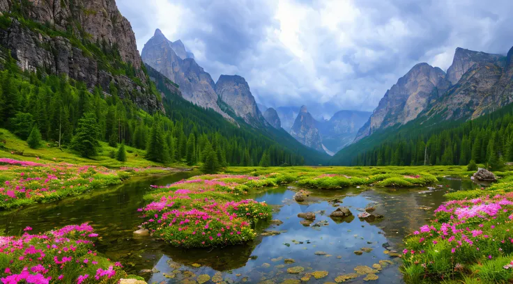 magical,  landscape, mysterious, luminous, dreary, complex, bloom, dreary. expansive, magnificent, god rays, storm, lightning, mountains, valley, boulders, trees, flowers, lake