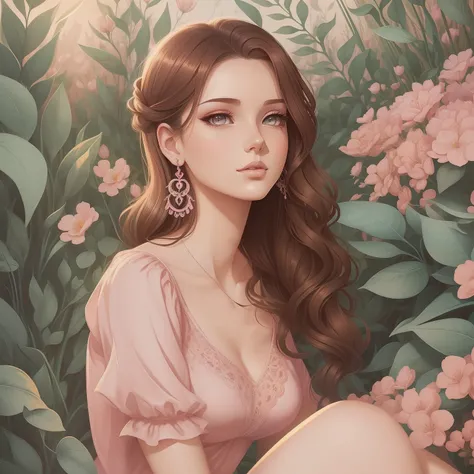 Illustration of a 25 year old woman with earrings, brown hair, pink lacy top and short denim shorts, she is in a garden, digital illustration style, cartoon style illustration, beautiful art style, trends in art, beautiful digital illustration, beautiful d...