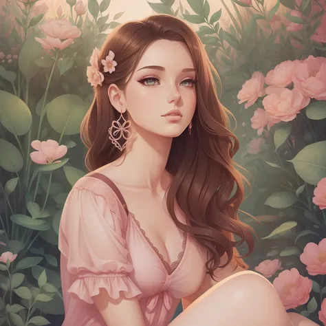 Illustration of a 25 year old woman with earrings, brown hair, pink lacy top and short denim shorts, she is in a garden, digital illustration style, cartoon style illustration, beautiful art style, trends in art, beautiful digital illustration, beautiful d...