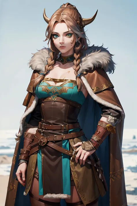 (Viking woman:1.2),(war paint on face), warrior makeup, (green eyes:1.1),(muscular),(fur coat),(fur skirt),(pants),(red brown hair color:0.9),(Viking hairstyle),(loose hair with small braids at scalp), (leather strap top) feathers, cloak over shoulder, spa...