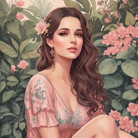 Illustration of a 25 year old woman with earrings, brown hair, pink lacy top and short denim shorts, she is in a garden, digital illustration style, cartoon style illustration, beautiful art style, trends in art, beautiful digital illustration, beautiful d...