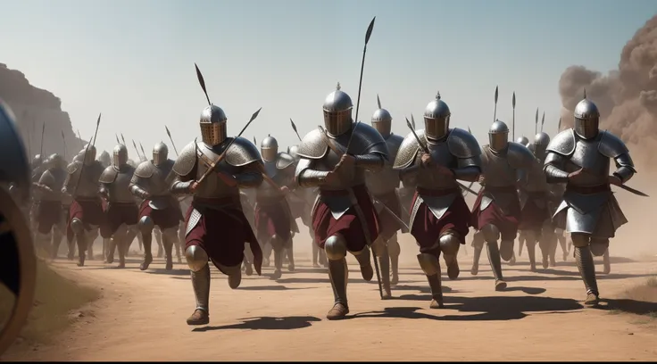 Roman soldiers (all male wearing ancient metal armor) very afraid, running, covering their heads with shields, arrows shot from barbarians in the background --auto