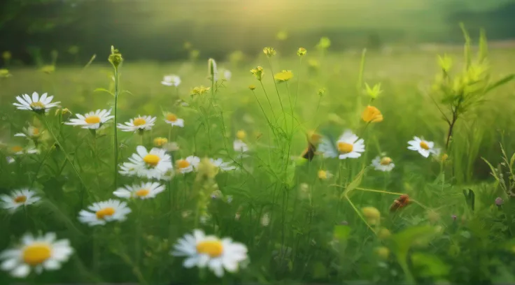 Fresh green meadow、Close-up of wildflowers、very real、photo-like、, masutepiece, Best Quality, hight resolution, in 8K