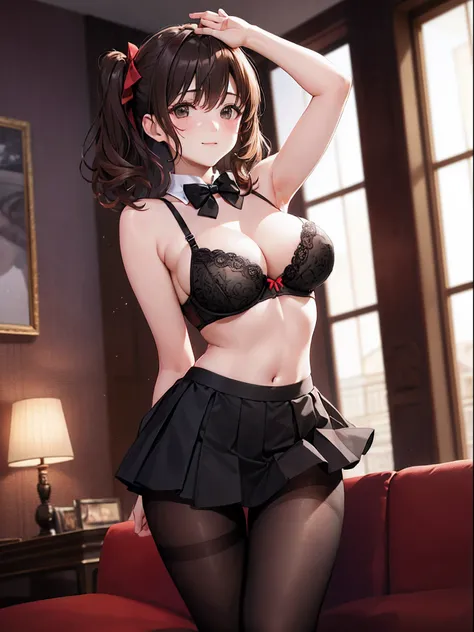 (top-quality: 1.3)、(​masterpiece: 1.3)、(The ultra-detailliert: 1.3)、(wall-paper, one girls)、(Black bra:1.3)、(Black Mini Flared Skirt:1.3)、(Brown pantyhose:1.3)、Red bow tie、(Brown hair:1.3)、Medium Hair、poneyTail、(Beautiful Large Breasts:1.3)、Luxurious livin...