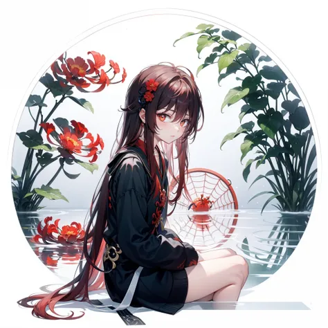 spider lily, white background, hu tao genshin impact, sitting in the middle, inside in the circle in the middle, water reflection, crimson hair