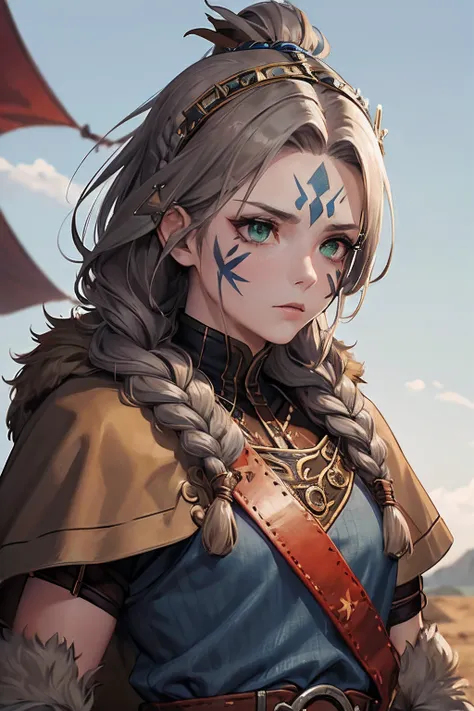 (Viking woman:1.2),(war paint on face), warrior makeup, (green eyes:1.1),(muscular),(fur coat),(fur skirt),(pants),(red brown hair color:0.9),(Viking hairstyle),(loose hair with small braids at scalp), (leather strap top) feathers, cloak over shoulder, spa...