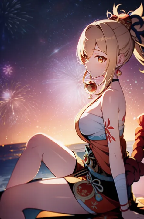 fireworks pattern, night background,yoimiya from genshin impact, casual outfit, facing sideway, sitting, circle in the middle,