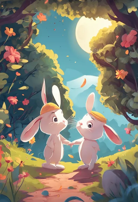 Two rabbits，Warm，Cartoon to enjoy the moon together