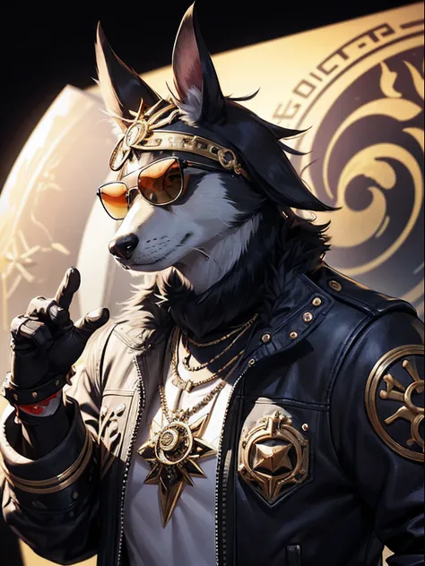 （Fashion animals：1.5），Doggy， Sunglasses on his head，Wear punk clothes，urbansamurai，Pedras preciosas，gold， jewely， Magic Circles，Gorgeous background，Ultra-realistic detailed rendering，Gang members，intimidating pose，Planet of dogs，fashionable attire，Mewtwo，t...