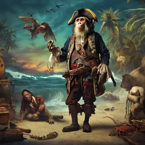 Pirate monkey, Disturbing method, ornate jewelry, Rembrandt rays, the sea