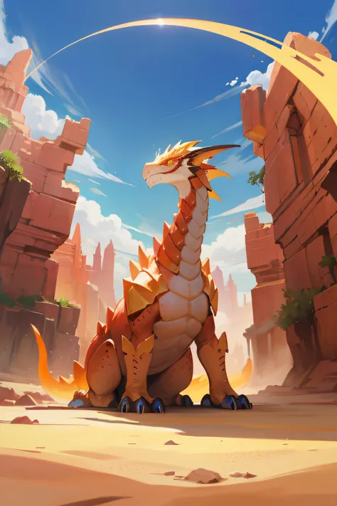 Desert Dragon, escamas marrones, aspecto imponente, poderoso, criatura ancestral, elementales de la tierra, arena dorada, desert scenery, calor abrasador