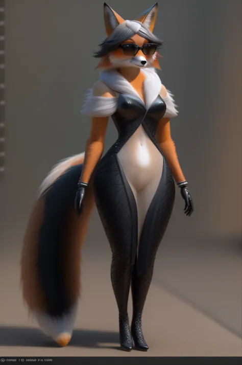 a picture of an athro female  fox wearing a glamorous sexy black dress, ultra feminine female fox, wearing sunglasses, ultra best realistic, best details, best quality, 16k, [ultra detailed], masterpiece, best quality, (extremely detailed), ultra wide shot...