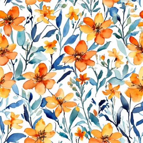 watercolor, small flower, blue and orange, beautiful, 1:1, watercolor style, flower and leaf patterns, wet in wet technique, mute, indigo, fabric design, flat illustration, highly detailed cleaning, vector image, masterpiece, professional, isometric, brigh...