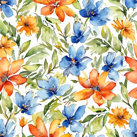 watercolor, small flower, blue and orange, beautiful, 1:1, watercolor style, flower and leaf patterns, wet in wet technique, mute, indigo, fabric design, flat illustration, highly detailed cleaning, vector image, masterpiece, professional, isometric, brigh...