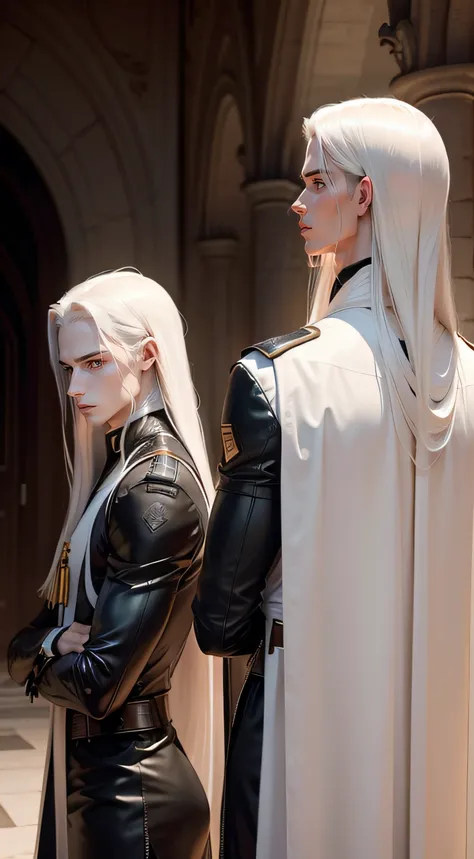 gorgeous male twins with long pale hair as priests in leather