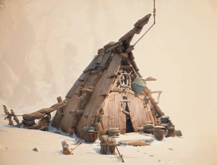 European cartoon style，Orc tent，The tent is leather，The beams were tied with ropes，（Inside the house：wooden chair，wooden tables），（outside of house：Stakes，wooden bucket），Close-up of the orc hut,tenten，camp，,Isometric 3D，Masterpiece, Best quality, (Extremely...