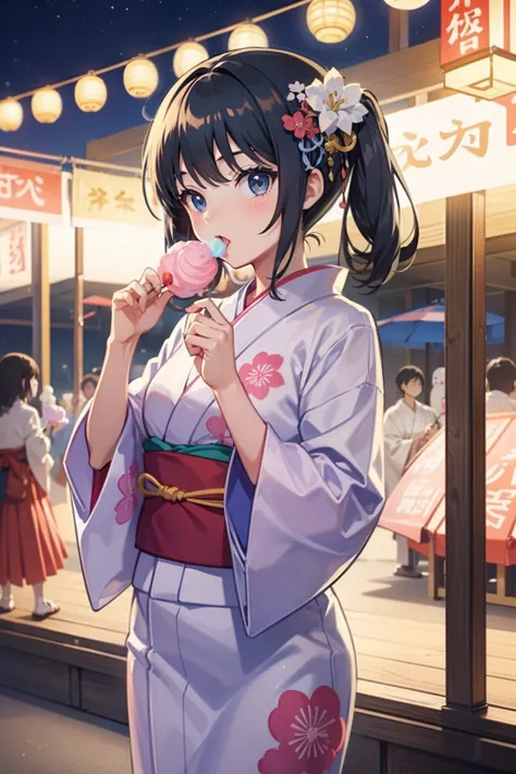 Girl in yukata eating cotton candy at summer festival、One Girl、Yukata、Summer Festivals、Eating cotton candy、Clean night、An ultra-high picture quality、Japanese anime、anime illustrated