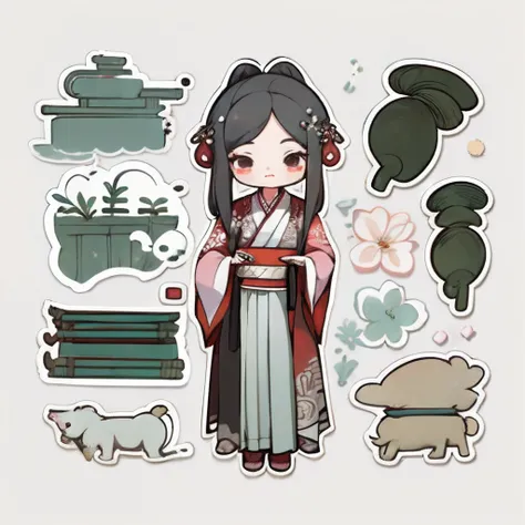 1 sticker, handbook, (sticker, 1 girl, Chinese Ming Dynasty clothes, gorgeous collar top, pleated long skirt, hanfu, embroidery, hairpin, bamboo, moss, pavilion), watercolor, white background, simple background, minimal, cute, tiny, pastel color, vector st...