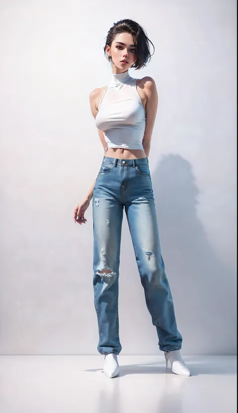 just a ripped blue jeans on a white background minimalist ripped front ripped wide leg full body showing full body torn pants front baggy full body fashion illustration 3d illustration