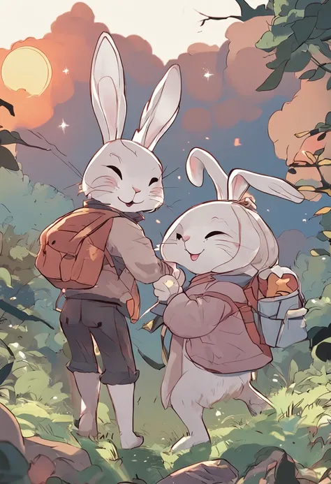 Two rabbits，Warm，Manga to enjoy the moon together