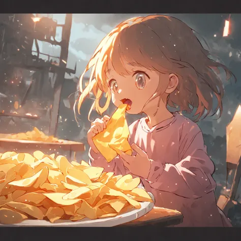 2D vector illustration, Mono Color，Little girl eating potato chips