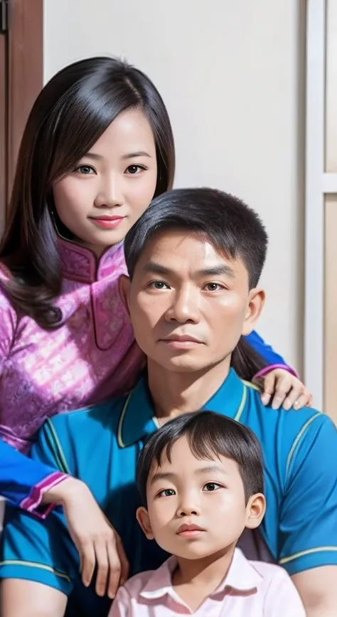 Vietnamese family Have an ugly face, 3 people, 1 teenage boy, 1 mother, 1 father, Black skin