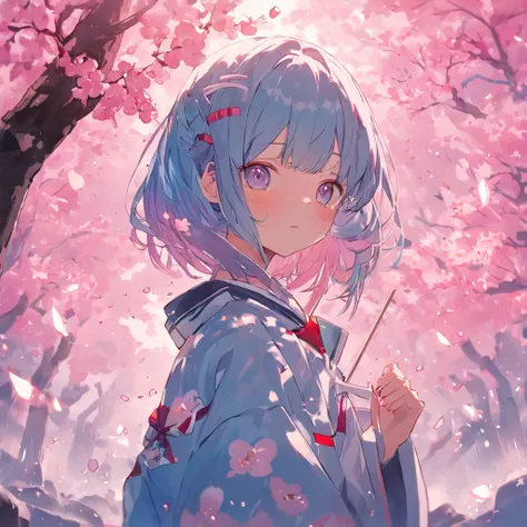 one-girl，blue hairs，Perfect facial features，Wearing a JK uniform，Japanese style background，a sense of atmosphere，Japanese wind chimes，Soft cute girl，jewelry，SakuraNS，Cherry blossom petals spilled，hyper HD，Real Scene，16k，super high image quality，真实感，tmaster...