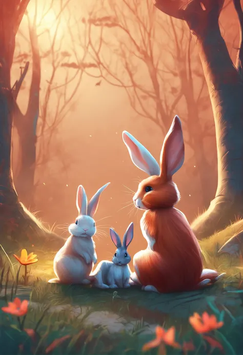 There were two rabbits sitting on the grass near the tree, a forest with bunnies, A beautiful artwork illustration, Rabbits, bunnies, Rabbit_Bunny, adorable digital art, 🍁 Cute, in style of digital illustration, warm beautiful scene, cute illustration, Cut...