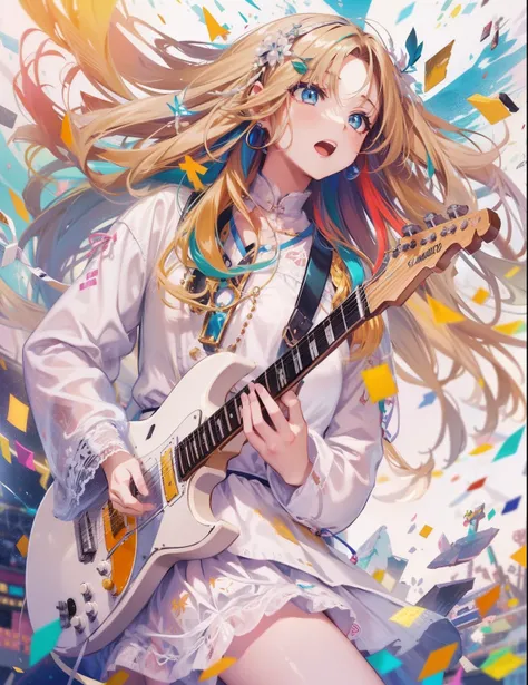 Girl in a dream。I have long colorful hair。Wearing white clothes。Its a rock band。Im singing a song。Notes flying around。It is an illustration of the highest quality。It is a beautiful illustration。Very colorful。