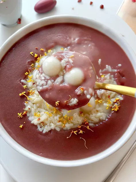 Close-up shot，Top-down shooting，The white table top is decorated with red beans and daily necessities