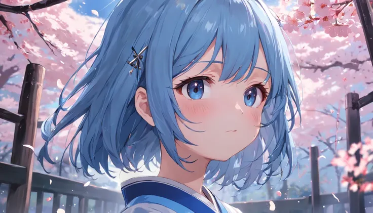 one-girl，blue hairs，Perfect facial features，Wearing a JK uniform，Japanese background，a sense of atmosphere，Japanese wind chimes，Soft and cute girl，jewelry，SakuraNS，Cherry blossom petals spilled，hyper HD，Real Scene，16k，super high image quality，真实感，tmasterpi...