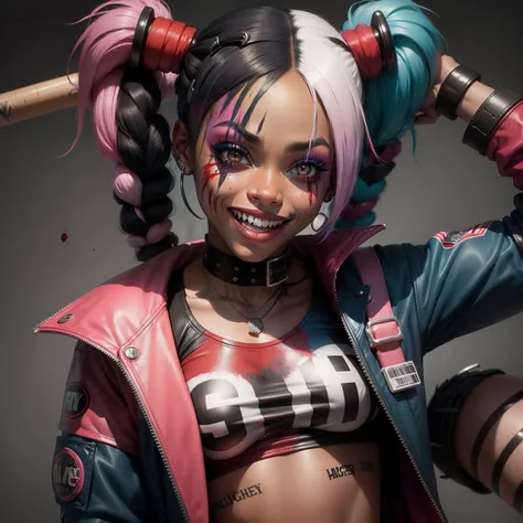 African American Harley Quinn with black hair along with pink and blue hair dye on the bottom, laughing, smiling, baseball bat, crazy makeup, blood, blood on her face, nuts, jacket, blood on her