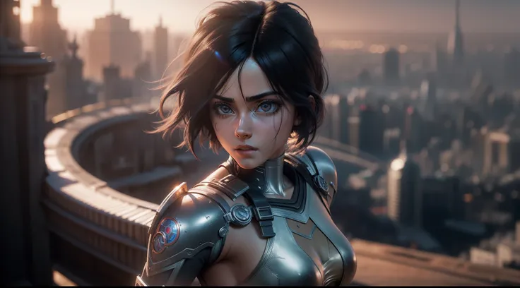 4k resolution,Alita,Battle Angel,Sci fi,Super Girl,Iron skin,Smart Model Design,(Troy City Background, Shadow, Cenimatic Lighting, masterpiece,