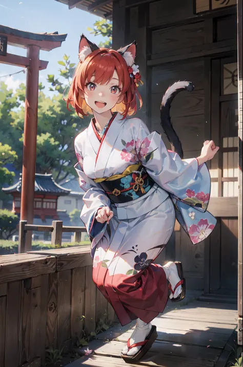 masutepiece, Best Quality, Detailed beautiful face and eyes, Full body, The best illustrations, PastelColors, (jpn、Shrine 1.4), Red torii gate, beauitful face, blurry backround, 10 year old beautiful girl, shinny skin, (１The tail of a cat in a book grows:1...