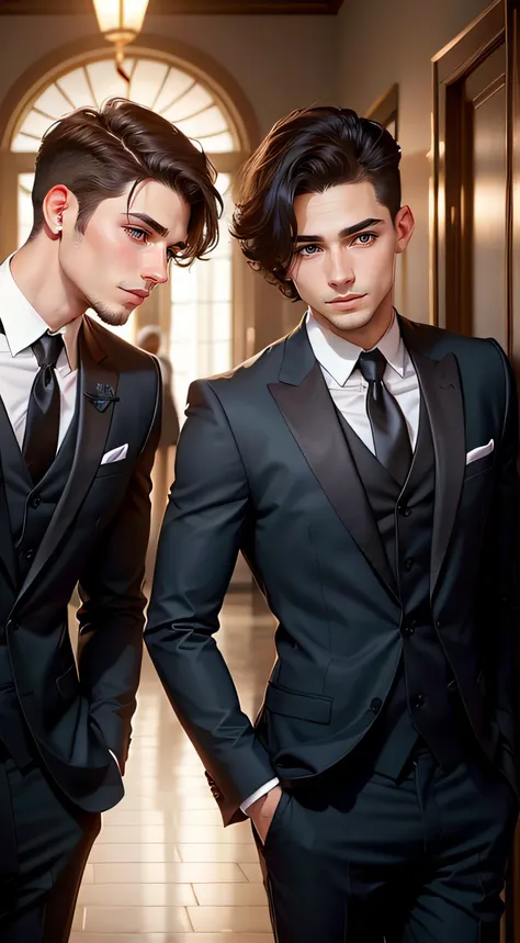 gorgeous young male triplets with short dark hair in formal