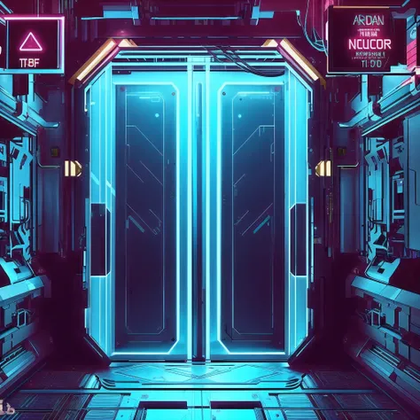 a close up of a door in a space station with neon lights, doors that are cosmic portals, style hybrid mix of beeple, arstation and beeple highly, in style of beeple, beeple |, spaceship hallway background, detailed sci - fi backgrounds, beeple style, cyber...