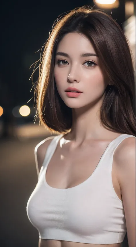 ((Realistic lighting, Best quality, 8K, Masterpiece: 1.3)), Clear focus: 1.2, 1girl, Perfect Figure: 1.4, Slim Abs: 1.1, ((Dark brown hair)), (White crop top: 1.4), (Outdoor, Night: 1.1), City streets, Super fine face, Fine eyes, Double eyelids,