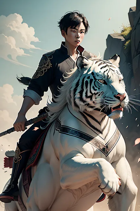 Chinese boy riding a mythical white tiger，ink and watercolor painting，rich palette，POV perspective，closeup cleavage，first person，amazing momen，Traditional chinese painting，c4d，Octane rendering，Best quality at best，high detal