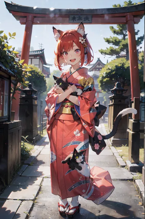 masutepiece, Best Quality, Detailed beautiful face and eyes, Full body, The best illustrations, PastelColors, (jpn、Shrine 1.4), Red torii gate, beauitful face, blurry backround, 10 year old beautiful girl, shinny skin, (１The tail of a cat in a book grows:1...