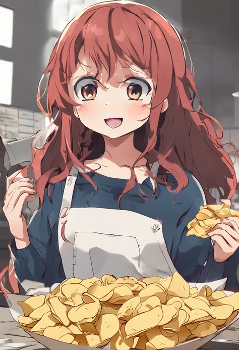 anime big breast，Little girl with potato chips in hand，Eat with your mouth open