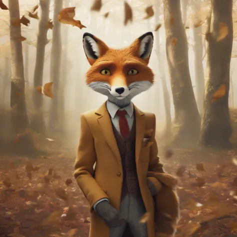 (Fox Wearing Suit) (Whimsical Portrait Photography): A mischievous red fox, dressed elegantly in a tailored grey suit complete with pocket square and bow tie, playfully reclining amongst falling leaves under a golden sunbeam casting dappled shadows across ...